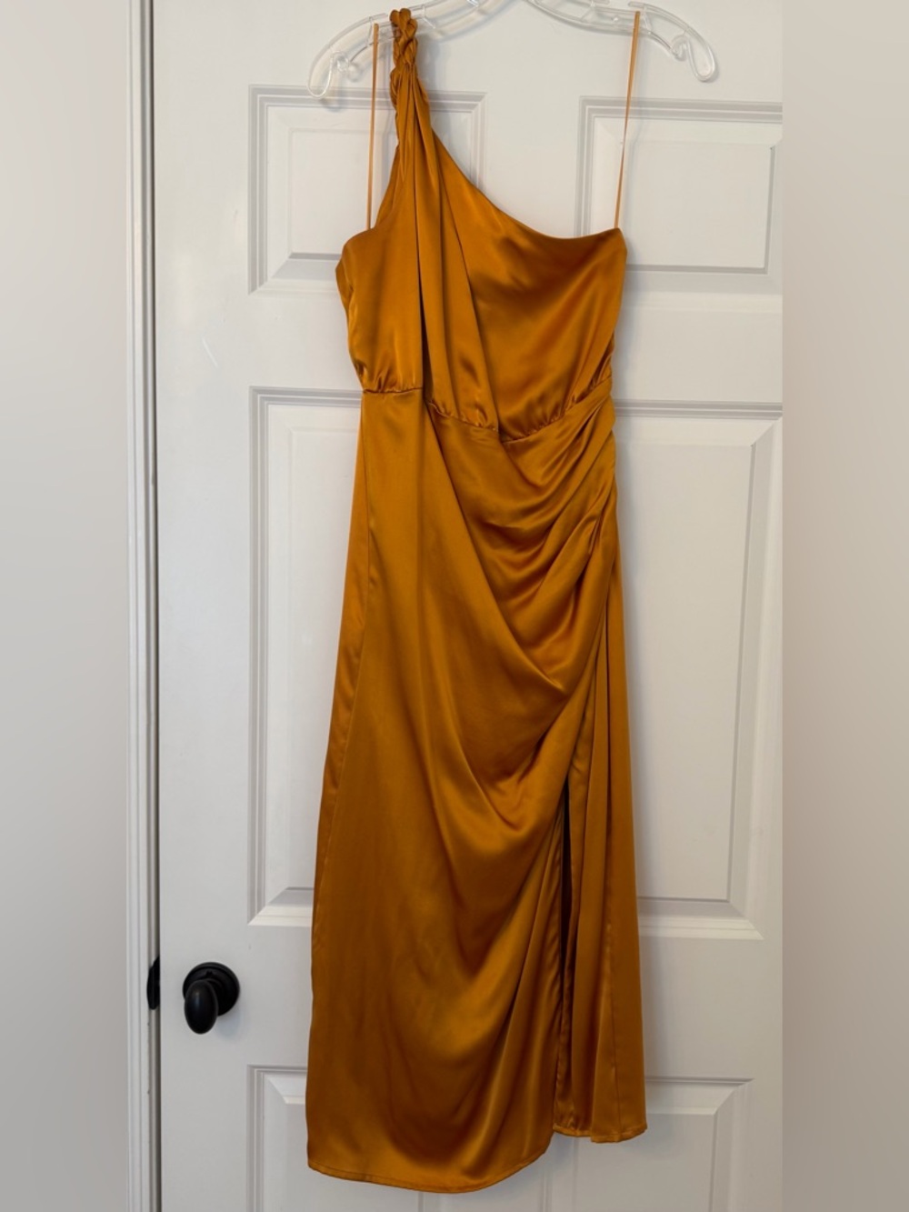Anthropologie One-Shoulder Silk Dress in Mustard Gold